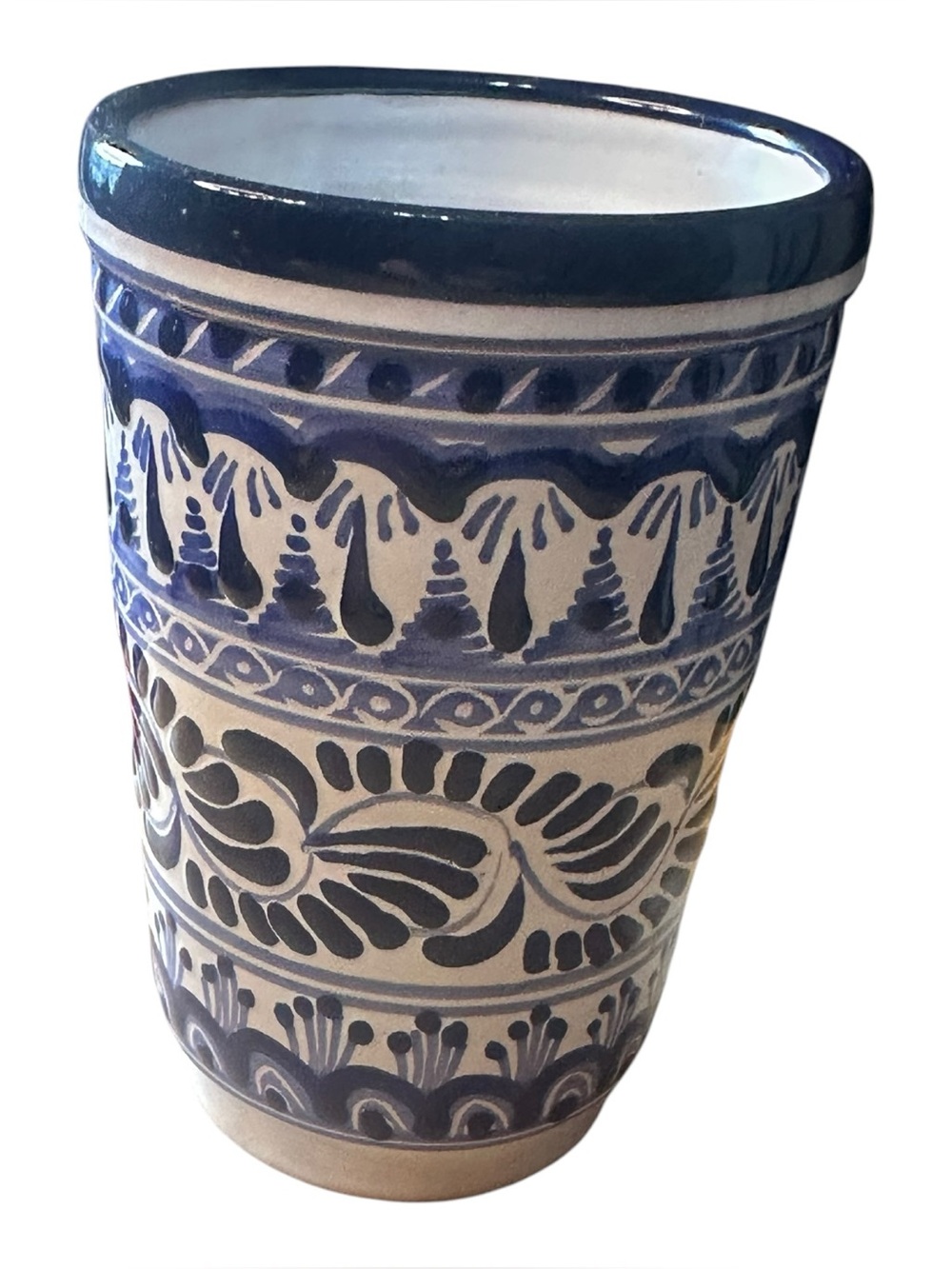 Mexican Pottery Cup Vase Hernandez Puebla Mexico Blue White Hand Painted 5.5”